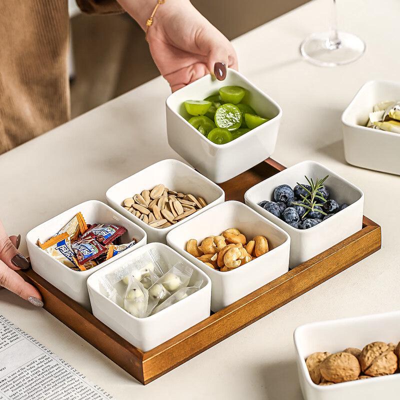 Acacia Wood & Ceramic Divided Snack Plate