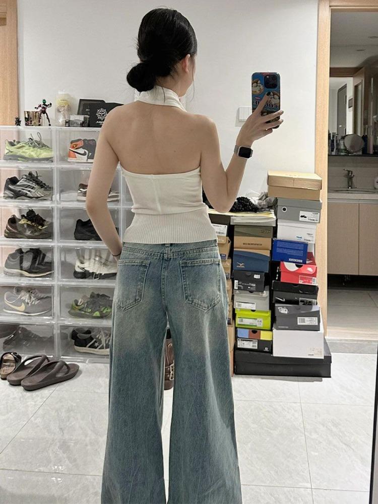 Women's Large Size Blue Abraded Micro-labelled Denim Trousers Straight Loose Pear Shaped Flesh Covering Wide Legged Dragging Floor Trousers