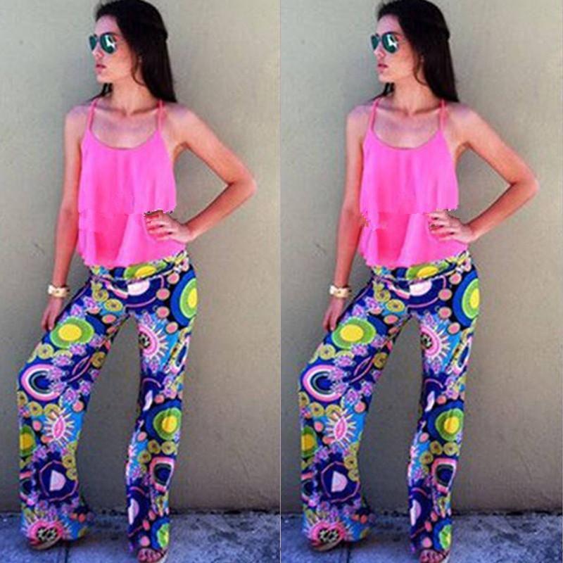 Women Bohemia Long Pants Floral Print Straight Casual Loose Trousers With Micro Fiber Material