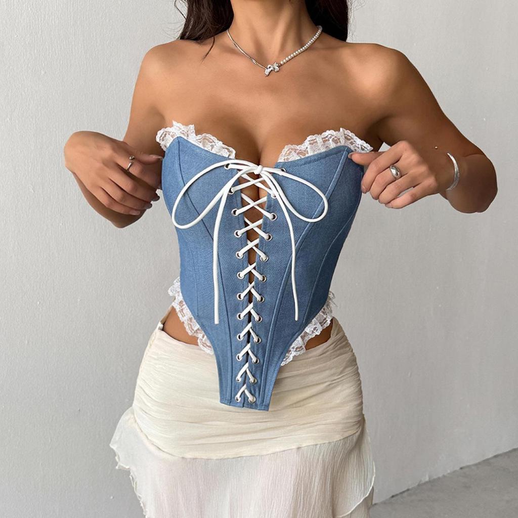Cross-border Imitation Denim Strapless Lace-Up Boned Top R220