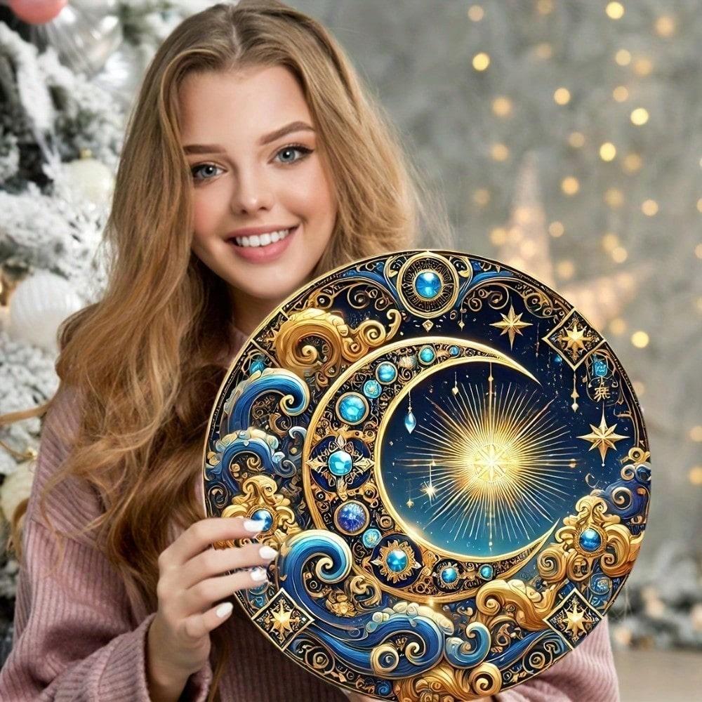 

Vintage Metal Wall Poster Gold Moon Stars 8 Inch Round for Living Room