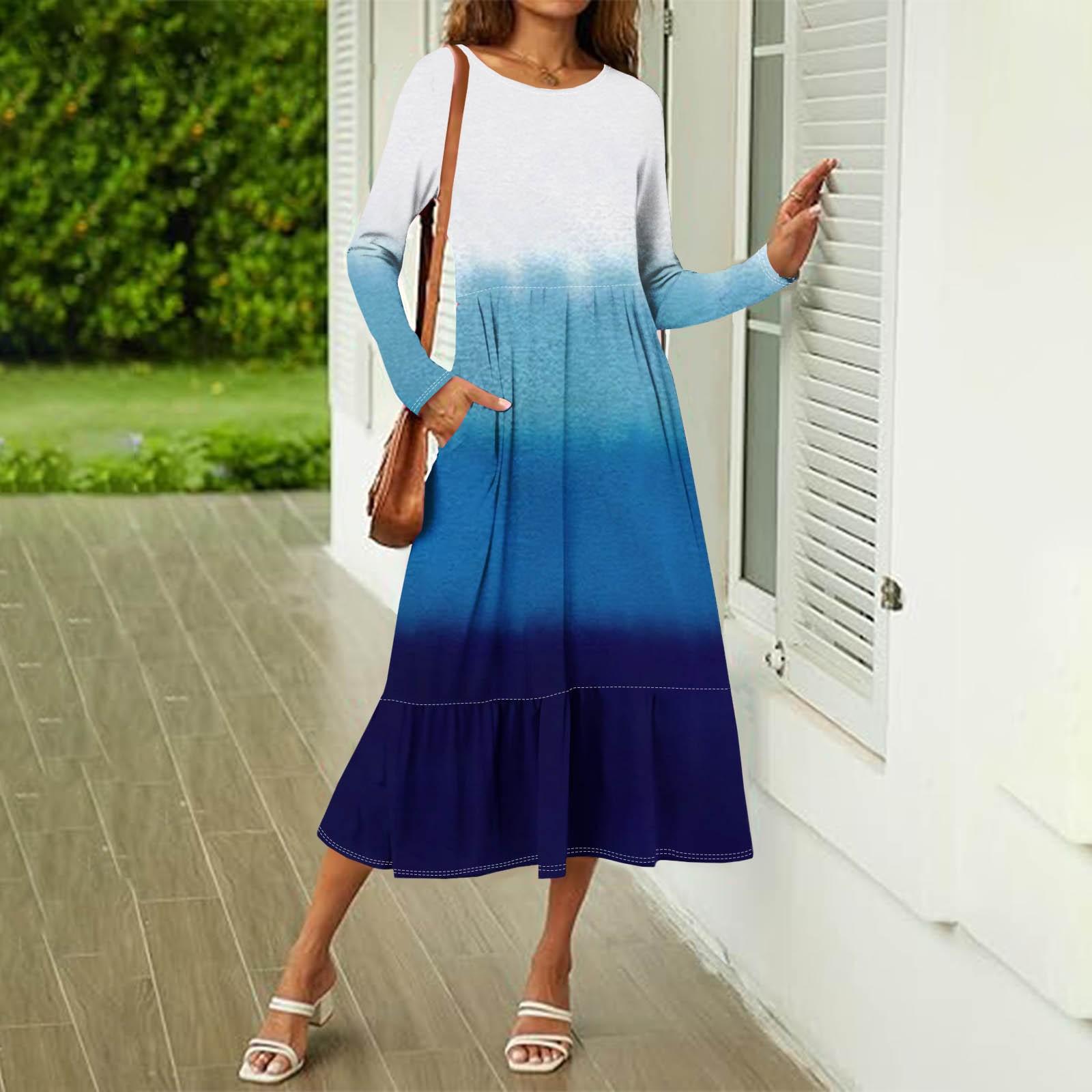 

Жіноча повсякденна сукня з принтом Весна-осінь Сукні з кишеньковими круглими вирізами і довгими рукавами L