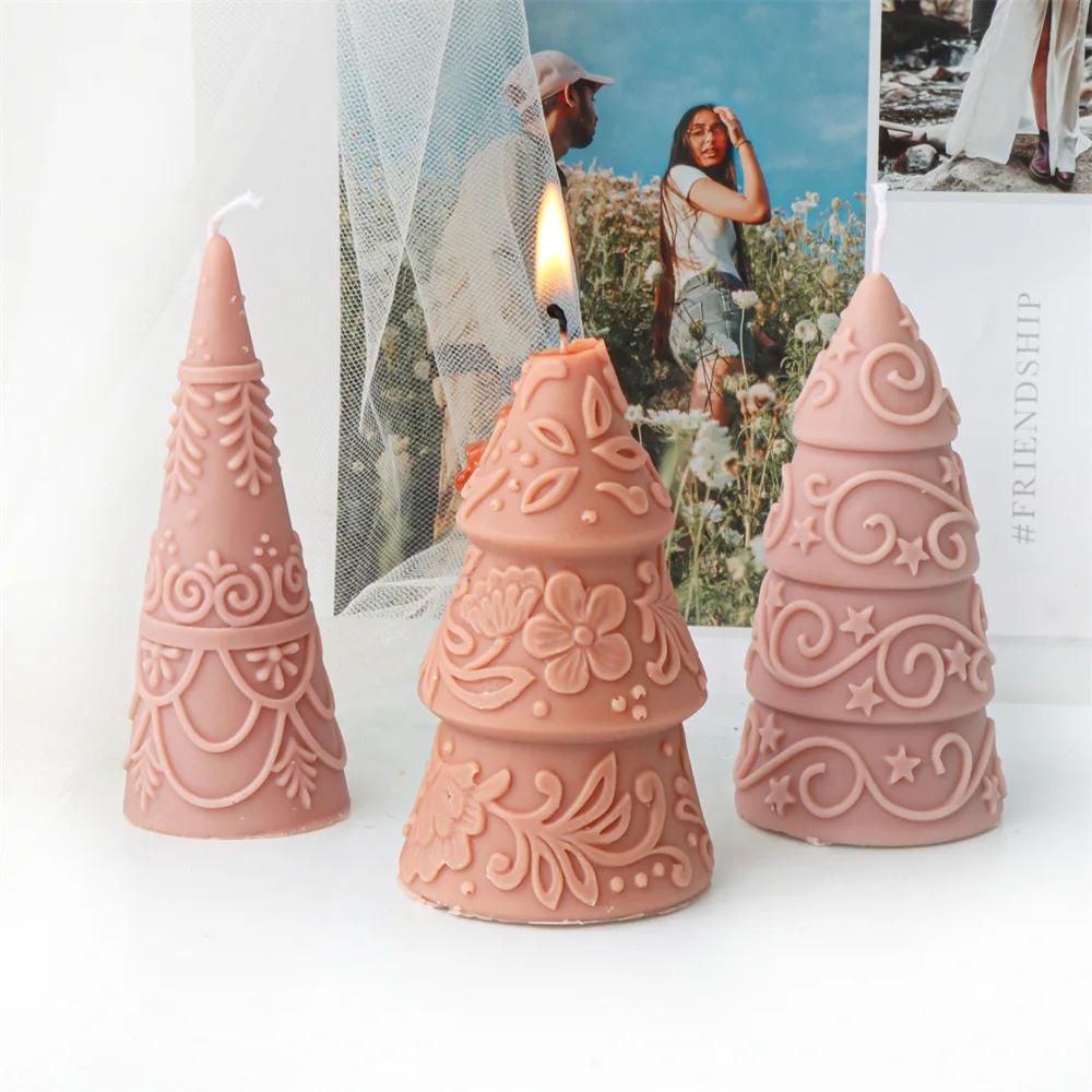 2025 Christmas tree candle silicone mold embossed pattern cone Christmas tree mould Christmas gift lace Santa tree resin molds