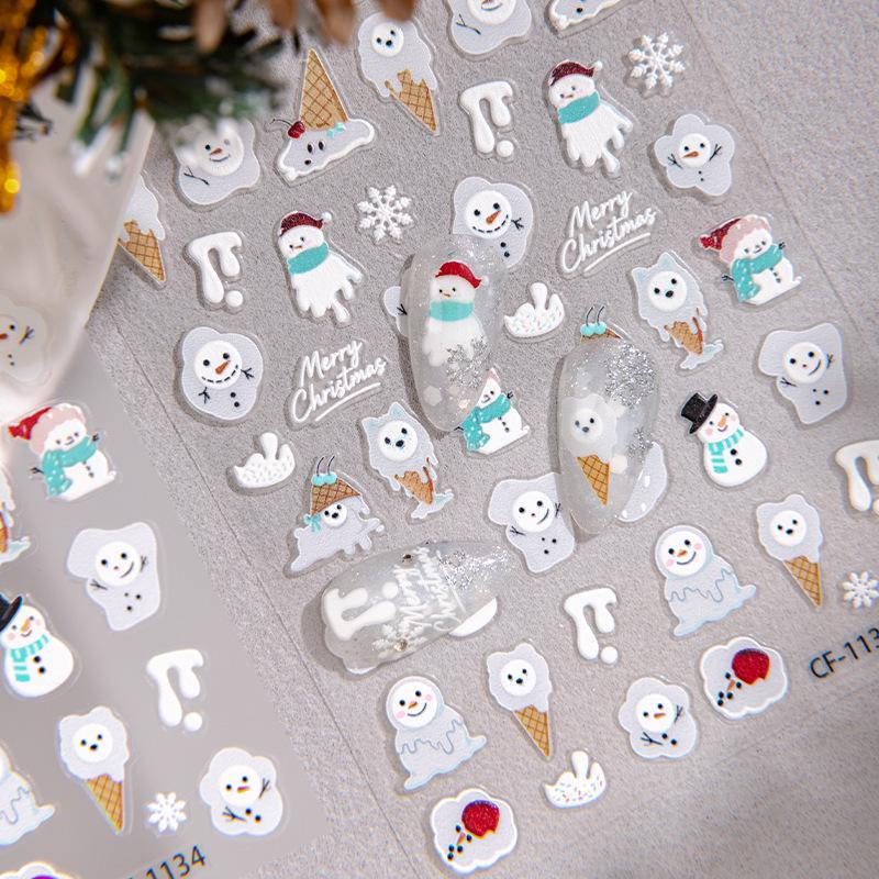 Cyansea 5D Christmas Nail Stickers: Embossed Ice Cream Cone & Snowman Ornaments.