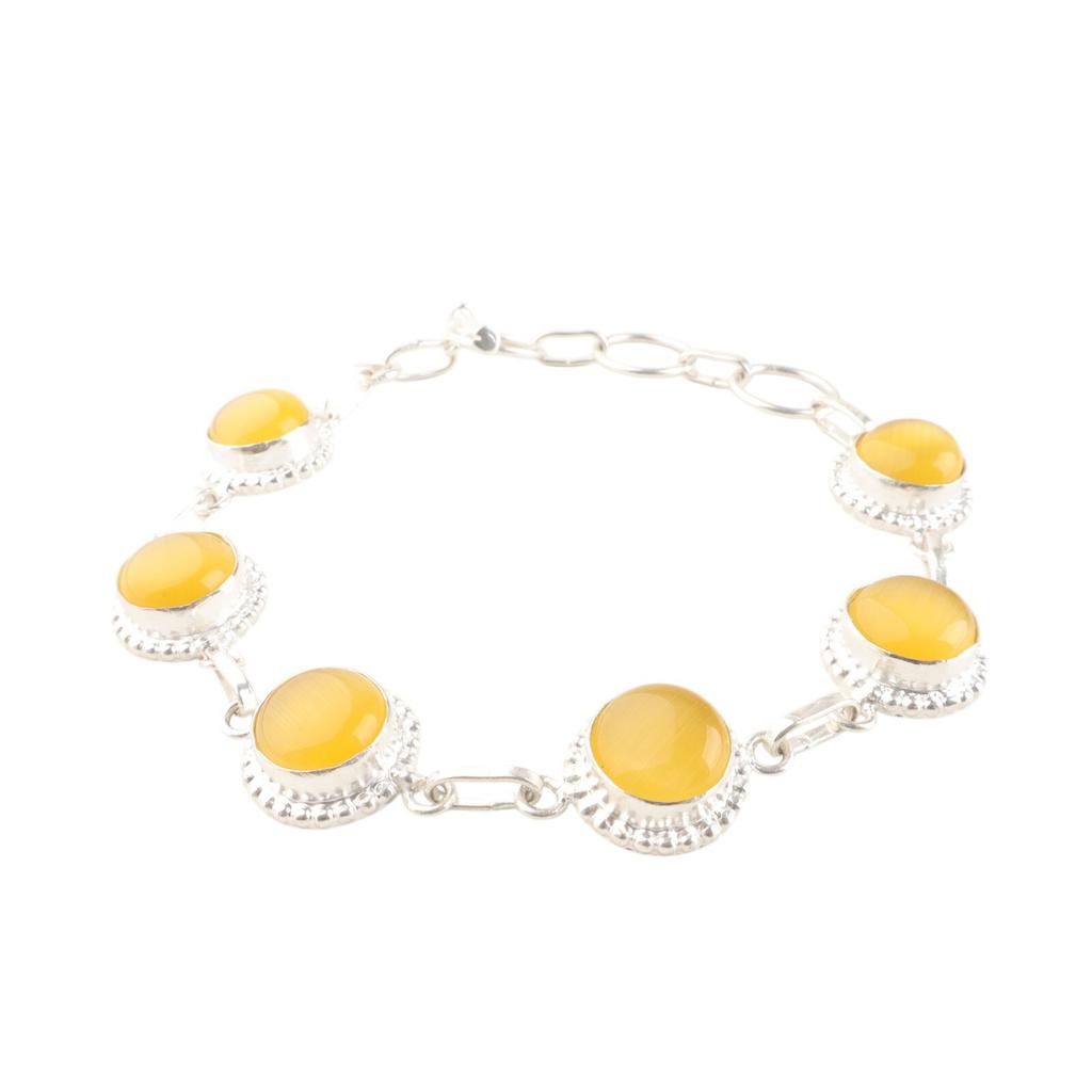 Natural Yellow Cat's  Eye Gemstone 925 Sterling Silver Handcrafted Boho Bracelet RB-9-31
