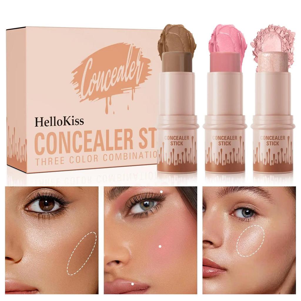 3Pcs Contour Stick Set 3 Colors Contour Stick Makeup Set Long Lasting Waterproof Concealer Stick Kit Cream Blush Highlighter Bronzer Pen