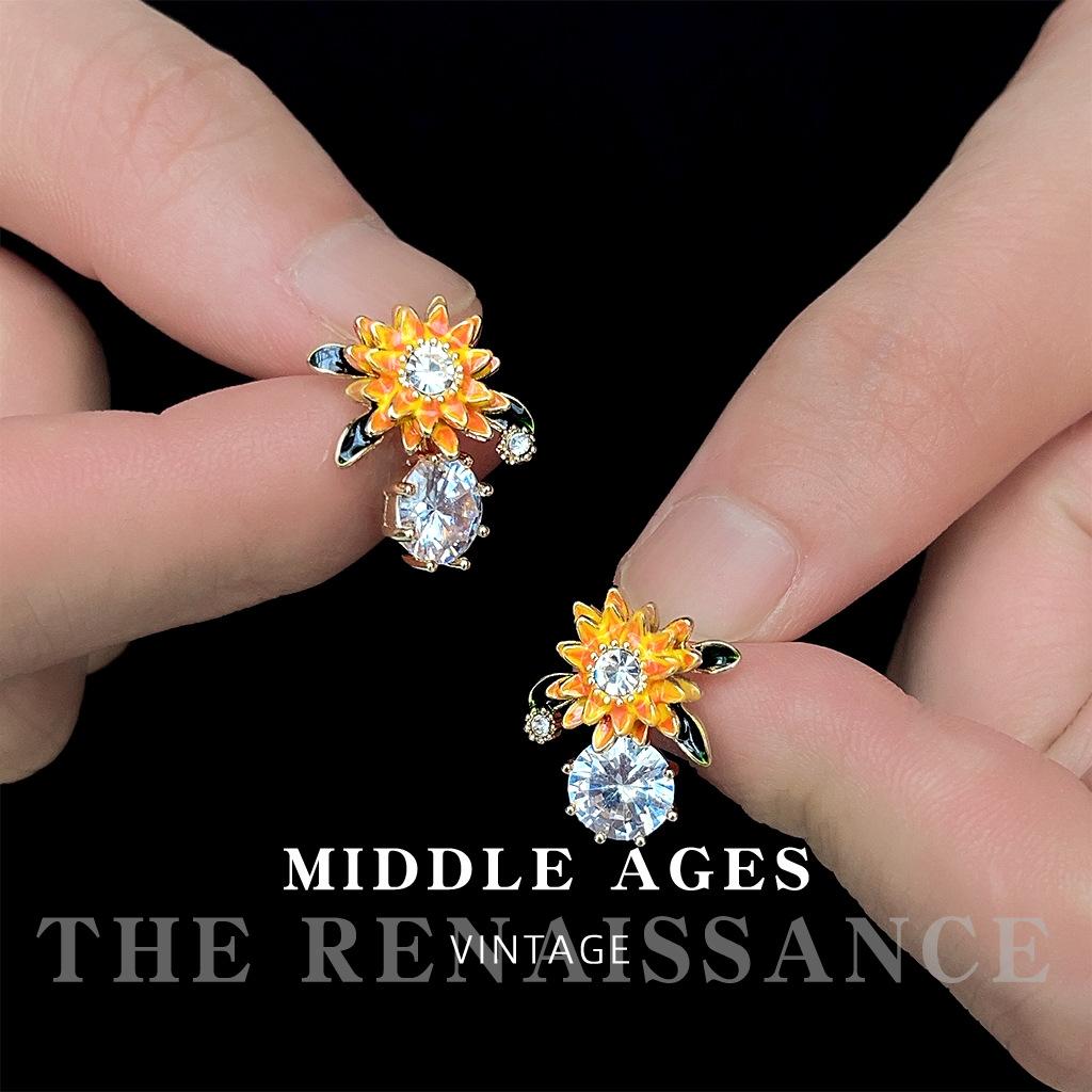 Wind enamel oil drop earrings literary and retro micro-inlaid zircon stud earrings and ear jewelry
