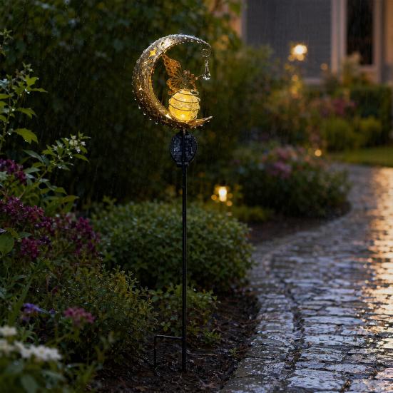 Solar Garden Light, Butterfly Fairy Moon Figurine Stake Light, Outdoor Waterproof Solar Powered Pathway Light for Patio, Lawn, Yard Decor
