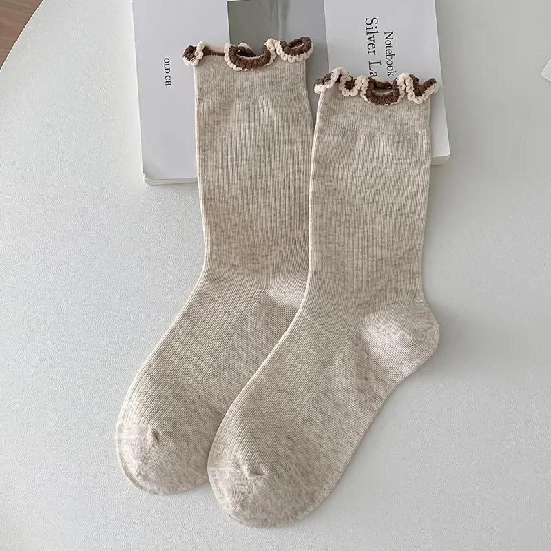 Fashion Girls Lolita Kawaii Cute Middle Tube Socks Sox Sweet Solid Color Black White Gray Long Socks Ruffle Socks Women