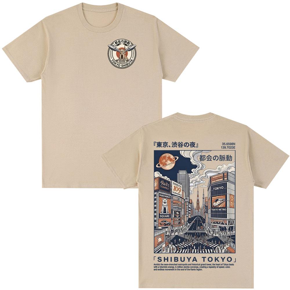 

Shibuya Tokyo Illustration Double-sided Print T-shirt Retro Japanese Style Cityscape T Shirt Short Sleeve Cotton Casual T Shirts 5XL різнокольоровий