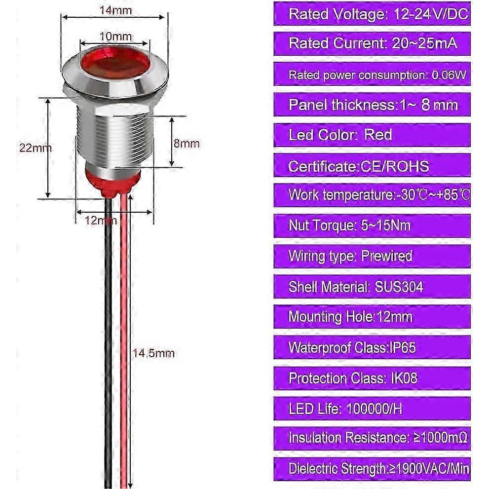 5 Stück 12mm 12/24VDC LED Metall-Anzeigelampe - Wasserdichtes Lichtsignal Kontrollleuchte Richtungsanzeige Armaturenbrett mit Kabel(rot)