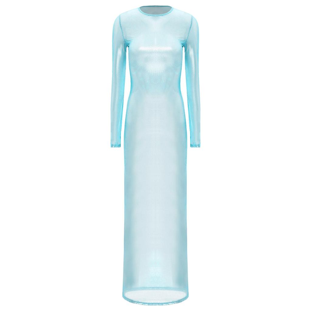 Жіноча прозора сукня з довгим рукавом, металізований блиск, напівпрозора, максі, для клубу, нічний одяг, весела спідня білизна-сукня