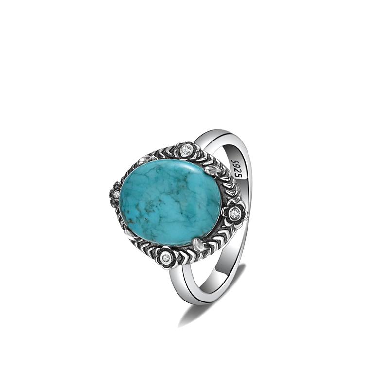 S925 Silver Oval Natural Turquoise Ring for Men and Women