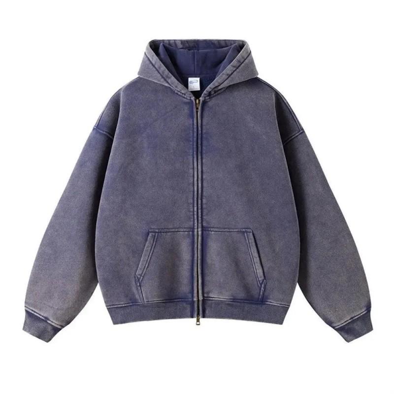 Mens Oversized Hooded Sweatshirt With Distressed Wash Print Heavyweight 400g Cotton Blend Zipper Front Casual Streetwear