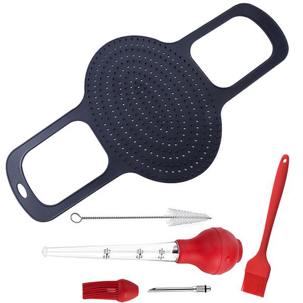 

3PCS Chicken Turkey Lifter Set with Turkey Baster and Oil Brush Silicone Reusable Non Stick Turkey Meat Lifter Mat Baking Pan
