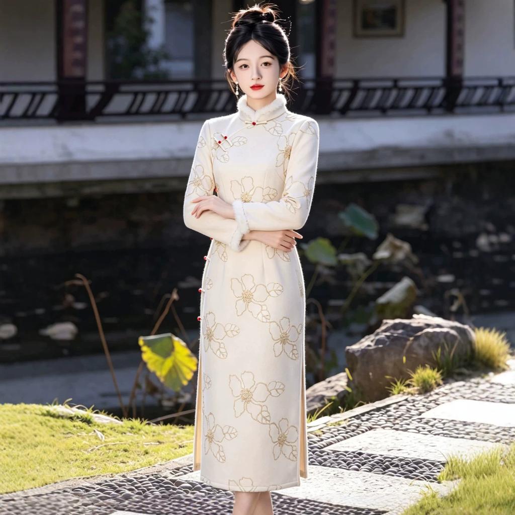 New Chinese Cheongsam 1011 New Improved Young Girl Fleece Thickened Daily Dress Long Sleeves Autumn and Winter