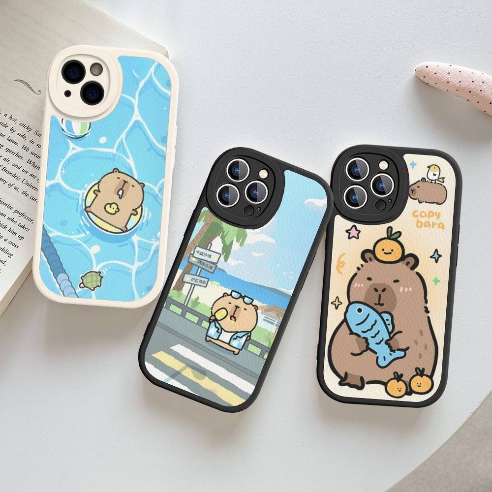 Cartoon Capybara Leather Phone Case For IPhone 16 16e 15 14 13 12 11 Pro Max Plus Mini Cover
