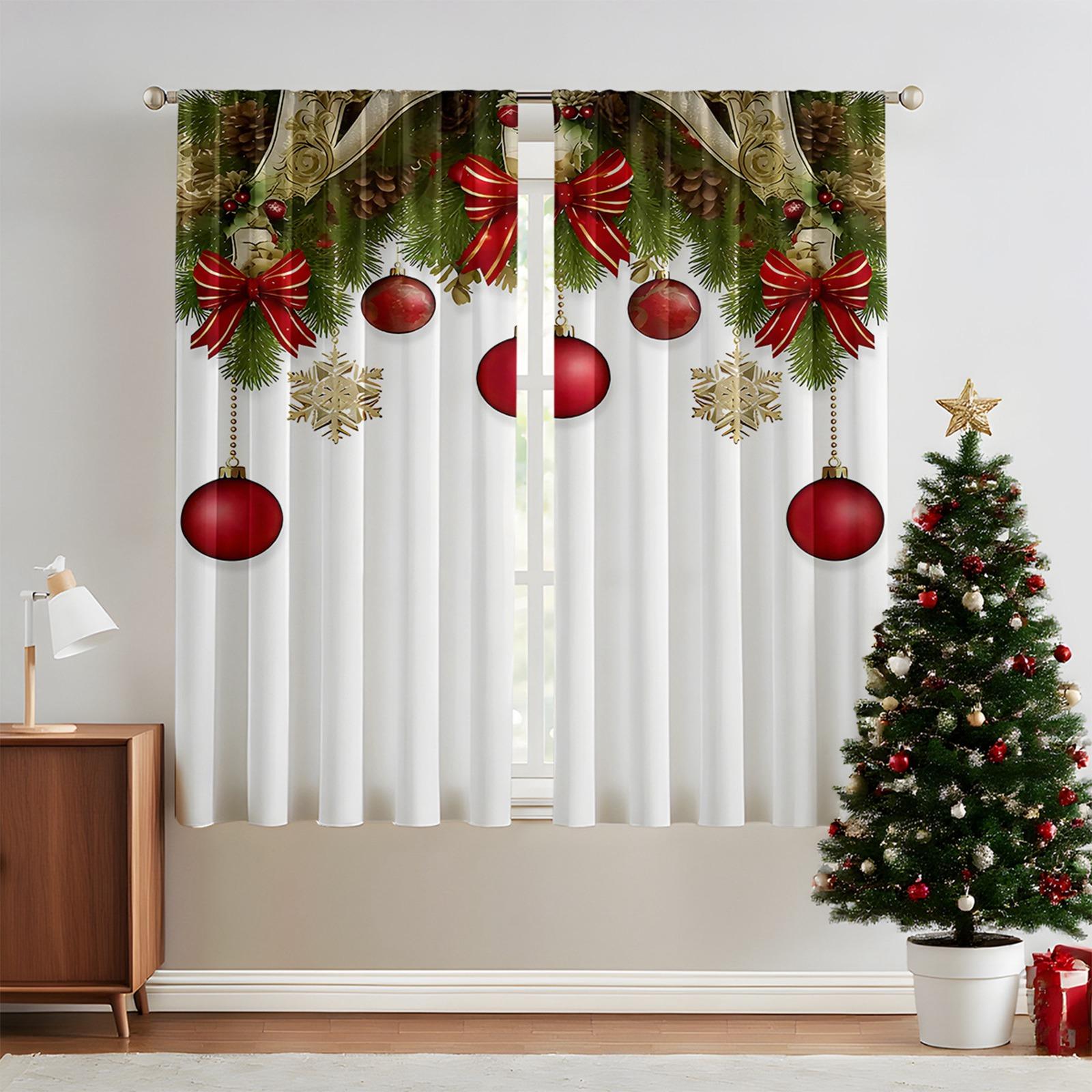 

A Set Of 2 Christmas Tree Printed Curtain Sets, Suitable For Living Room, Kitchen, Bedroom, Bathroom, Dining Room And Home Decoration One Size