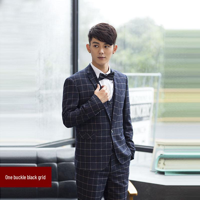 Men's Blue Plaid Slim Fit Blazer & Suit Set - Korean Style Two-Button Casual Tuxedo