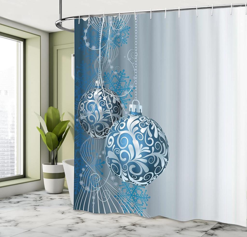 Christmas Shower Curtain, Abstract Pattern Snowflake Motifs Curlicues On Baubles Season, Cloth Fabric Bathroom Decor Set With