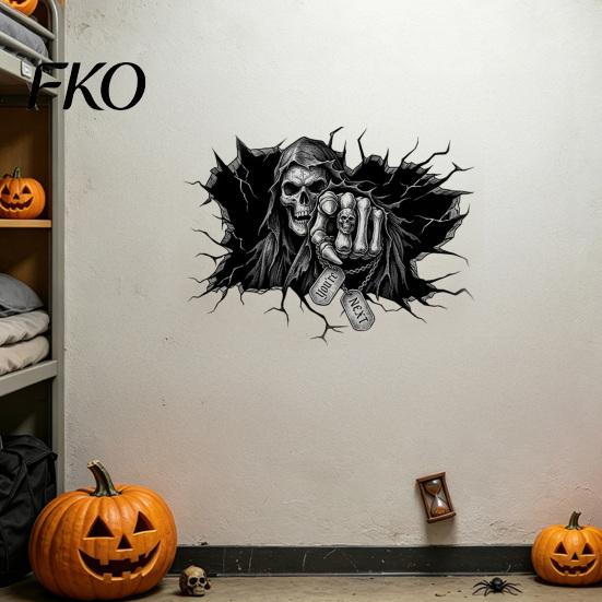 Window Display Decal Grim Reaper Wall Sticker, 3D Breaking Through Art Decal, Large Size Skull Scary Mural for Home Bar Pub Halloween Party