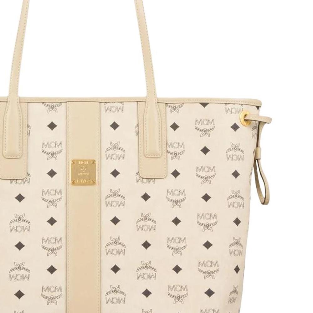 MCM Liz Potahovaná Canvasová Taška s Koženým Písmenem, Tote Bag, Nákupní Taška, Kabelka Střední Dámská Béžová & Černá MWPCSVI01I8001