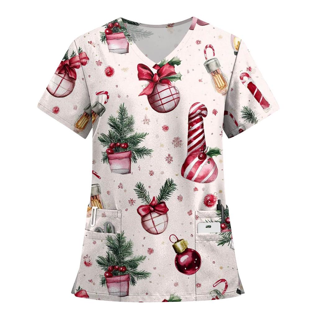 Women's Fashion Printed Short Sleeve V Neck Pattern Tops Pocket Working T-shirts