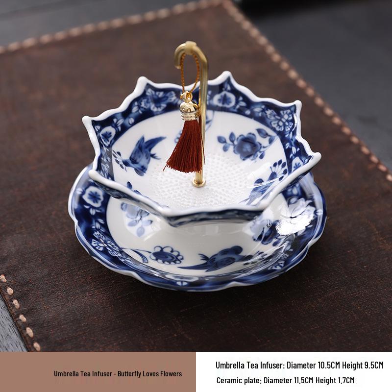 Blue & White Porcelain Umbrella Tea Strainer - Creative Tea/Coffee Filter & Ornament