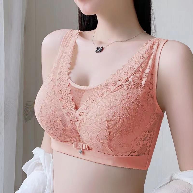 Wireless Lace Push-Up Bra Non-Wired, Large Size, Seamless, Comfortable Side Support, Floral Pattern, Contrast Lace Detail