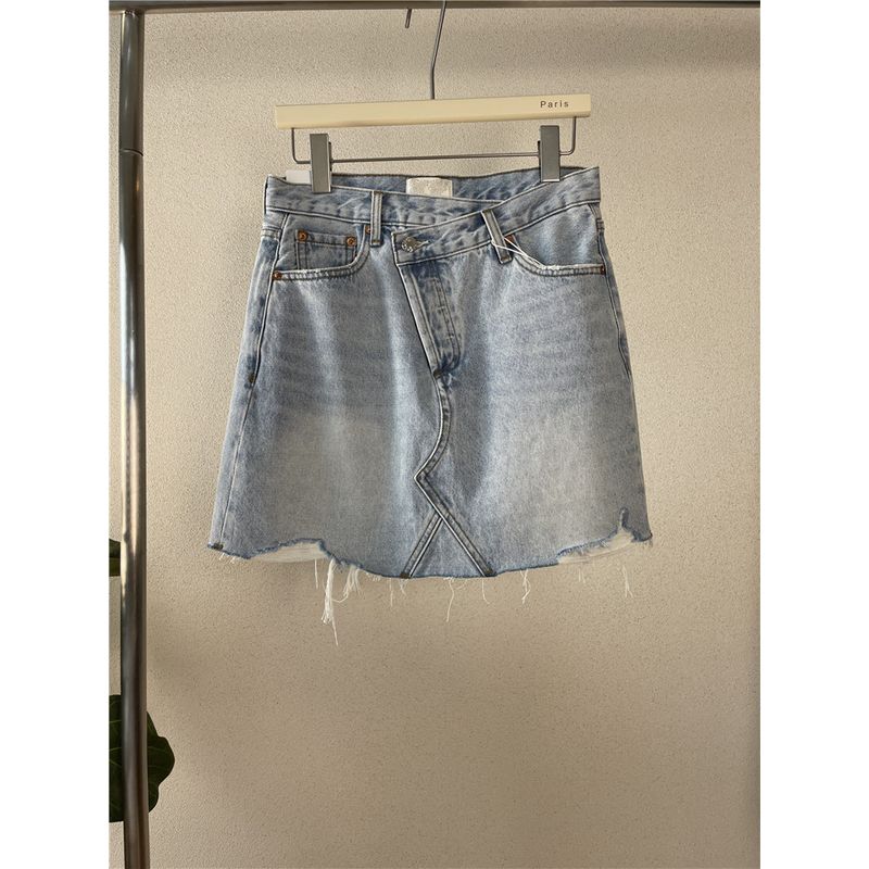 

The Style Is Super Good Ag! Sweet Cool Style 23 Summer Light Blue Denim Skirt Skirt High Waist Oblique Buckle Waist Stylish Raw Edge Light Blue EUR25