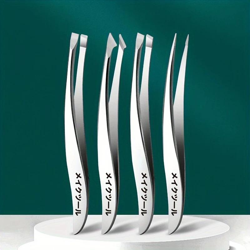 4pcs Japanese Banana Stainless Steel Precision Tweezers Set, Unscented, for Eyebrow, Eyelash, and Barbs Removal