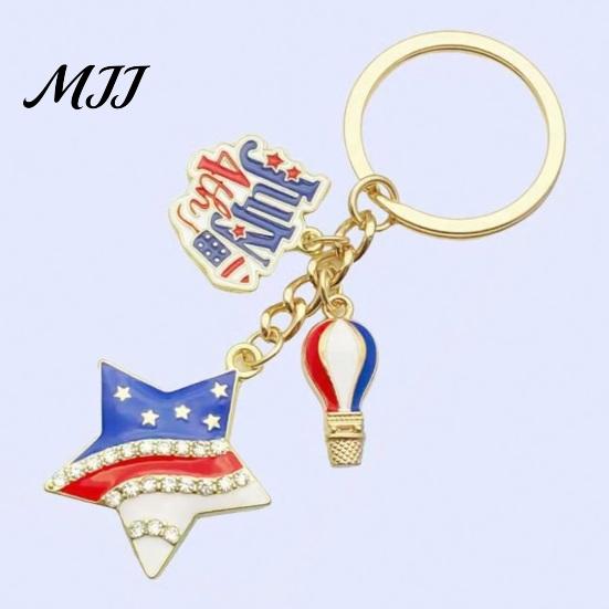 Star Shaped Keychain Independence Day Pendant, Enamel Zinc Alloy Key Holder with Feather Design USA Letters Stars Hearts Patriotic Design, American