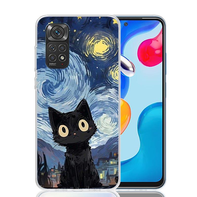 Anime Cute Black Cat Meow Phone Case For Xiaomi Redmi Note 15 14 13 12S 12 Pro Plus 11S 11E 11 11T 10S 10 Art Soft Pattern Cover