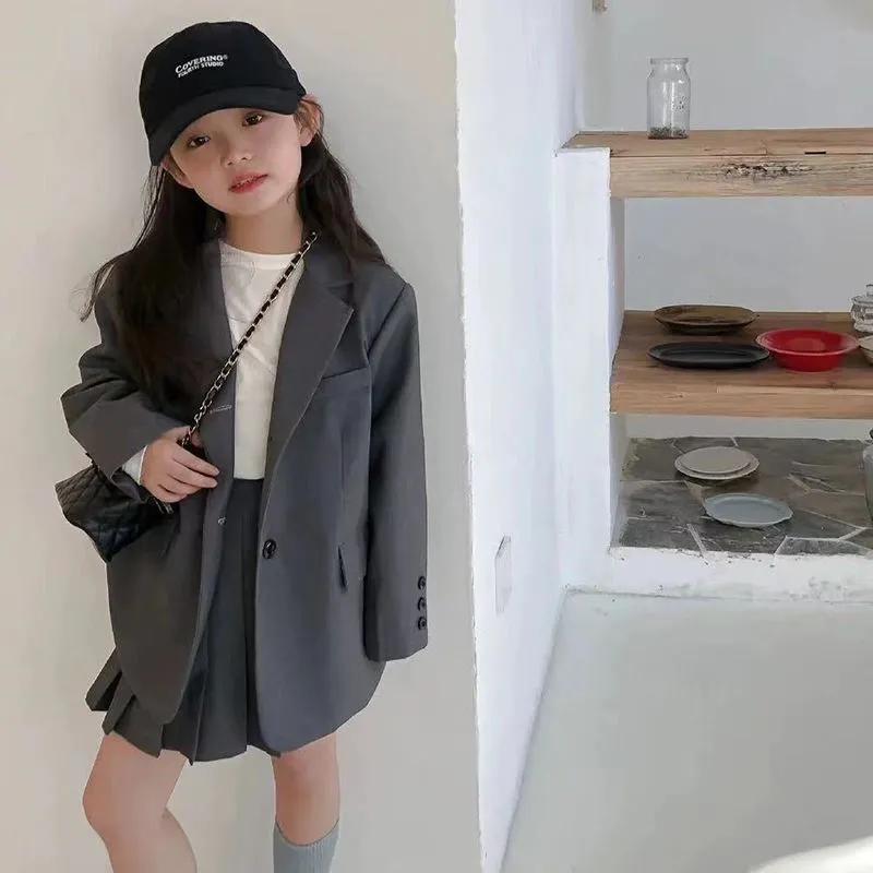 Girls' Spring/Fall College-Style Suit Set Solid-Color Blazer + Skirt Two-Piece Set