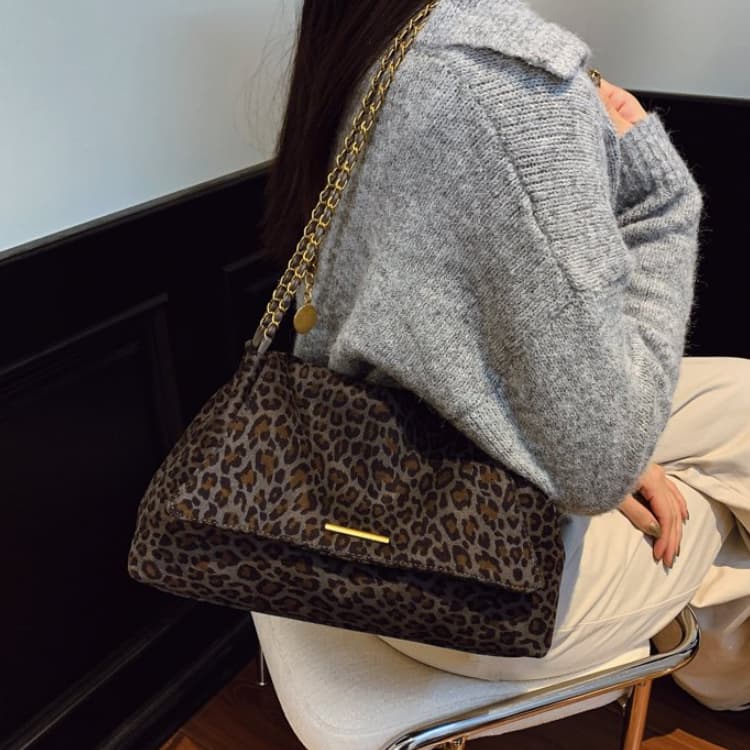 Ladies Gold Zipper Leopard Print Crossbody Bag