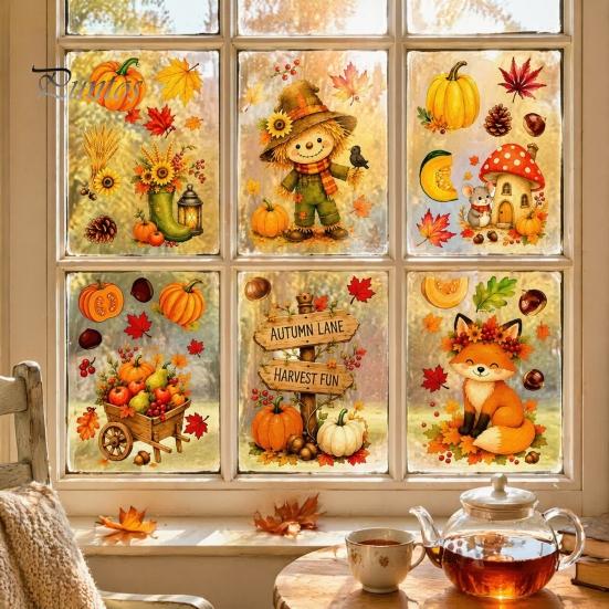 Harvest Festival Window Decor 6 Sheets Autumn Stickers, Thanksgiving Cartoon Static Cling Decorations with Fall Art Pumpkins Maple Leaves Scarecrows