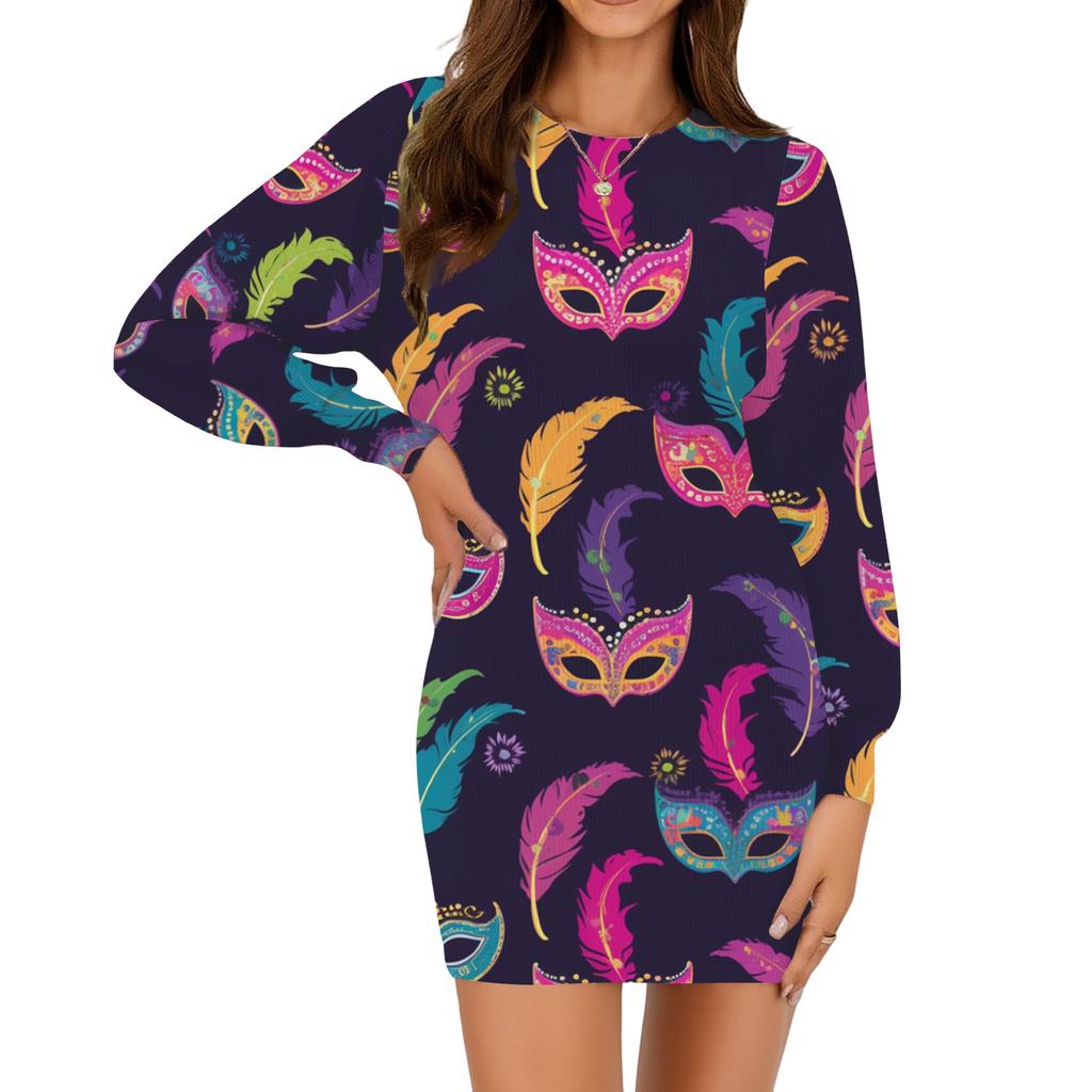 Ladies fashion casual round neck long sleeve Carnival print dress