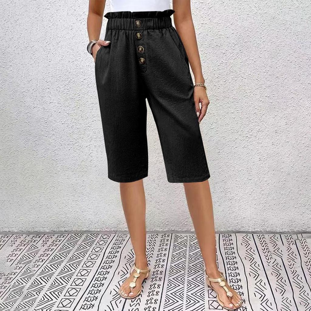 New Solid Color Cotton And Linen Pocket Button Women'S Casual Pants Shorts