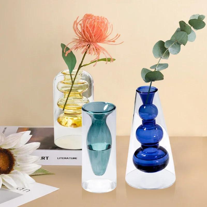 Hot Sell Colored Glass Vase Double Layered Nordic Flameless Rattan Aroma Bottle High Borosilicate Living Room Flower Arrangement