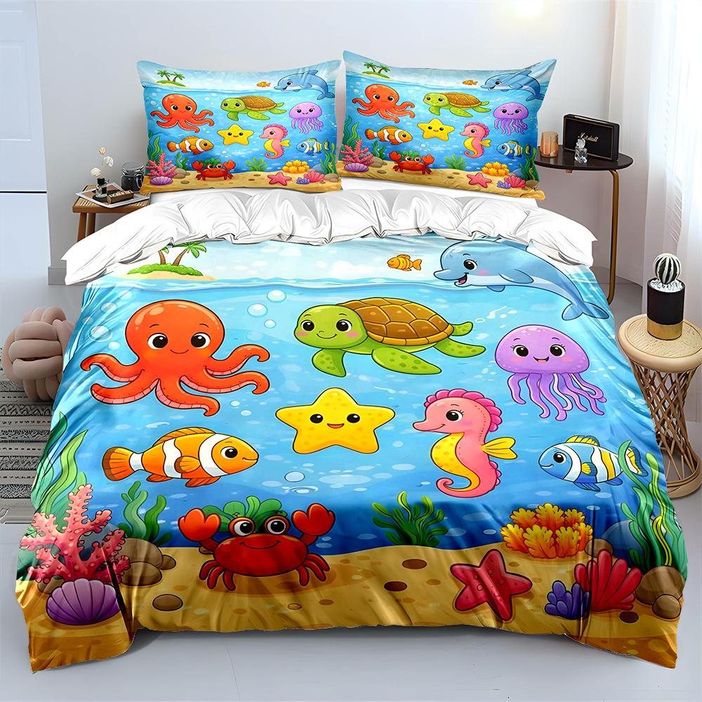 Cartoon Ocean Animals Illustration Bedding Set for Kids Luxury Gift 3pcs Digital Print Comforter Set Soft Comfortable Breathable 135x200cm