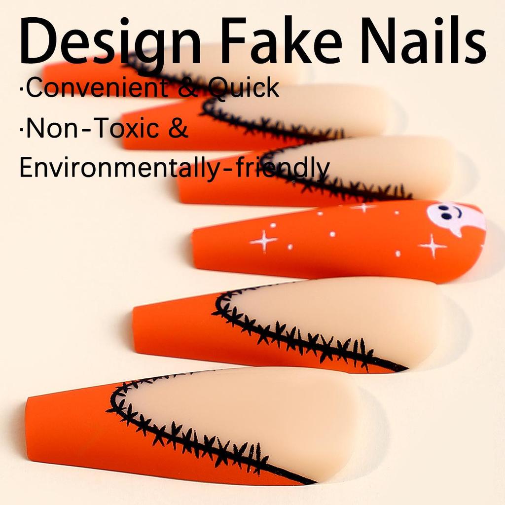 Ghost Spider Halloween Orange French Edge Press-On Nails