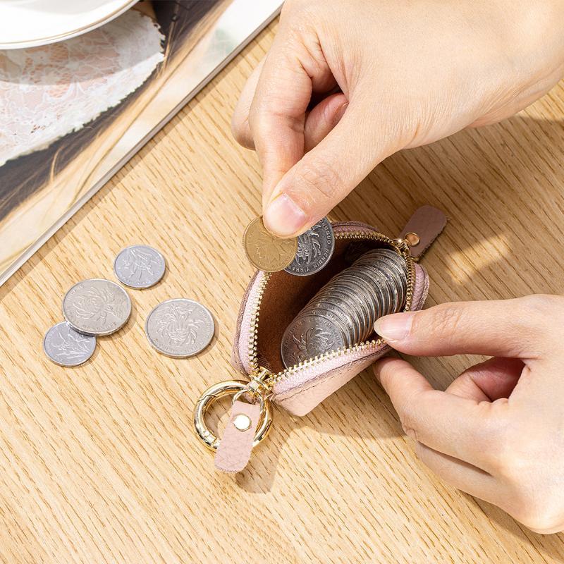 Mini Leather Coin Purse Soft Water-resistant Zipper Pouch with Key Ring Compact Card Holder for Men Women Outdoor