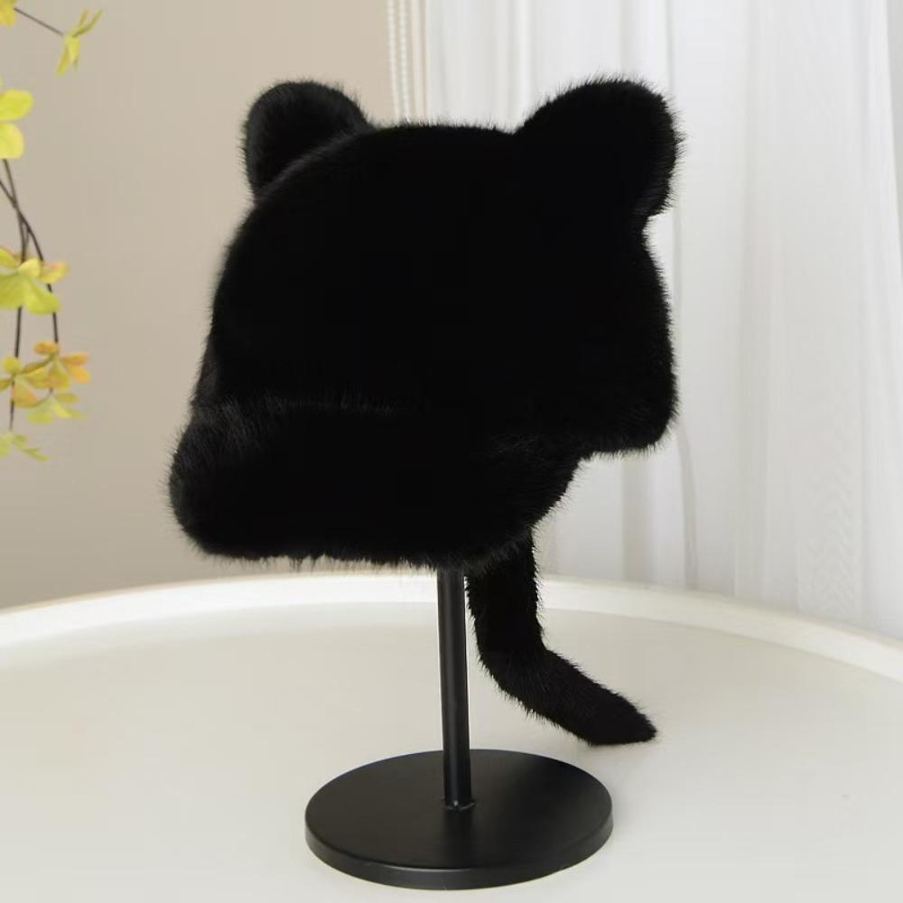 Cosplay Black Cat Baseball Cap Lovely Tail Peaked Cap Versatile Cat Ear Plush Hat  Winter