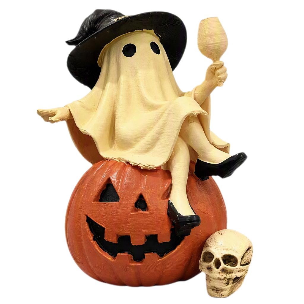 Spooky Witch Figurine Sitting On Pumpkin with Wine Glass and Skull Details for Home Party Decor Gift & Home