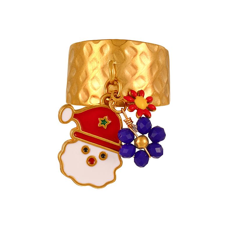 European & American Cartoon Christmas Snowflake Titanium Steel Drip Oil Flower Open Ring for Women