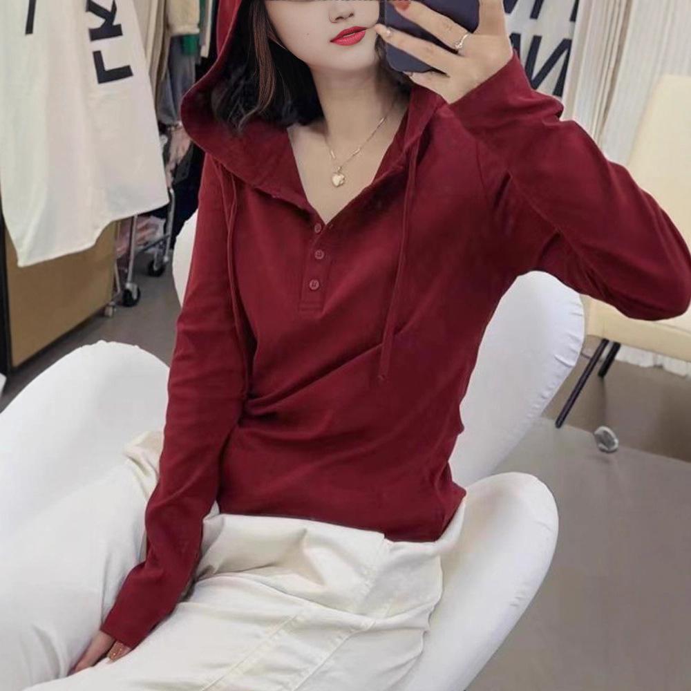 Women's Velvet Hooded Long-Sleeve Slimming T-Shirt for Spring/Autumn - Flaw-Hiding Plus Size Base Layer