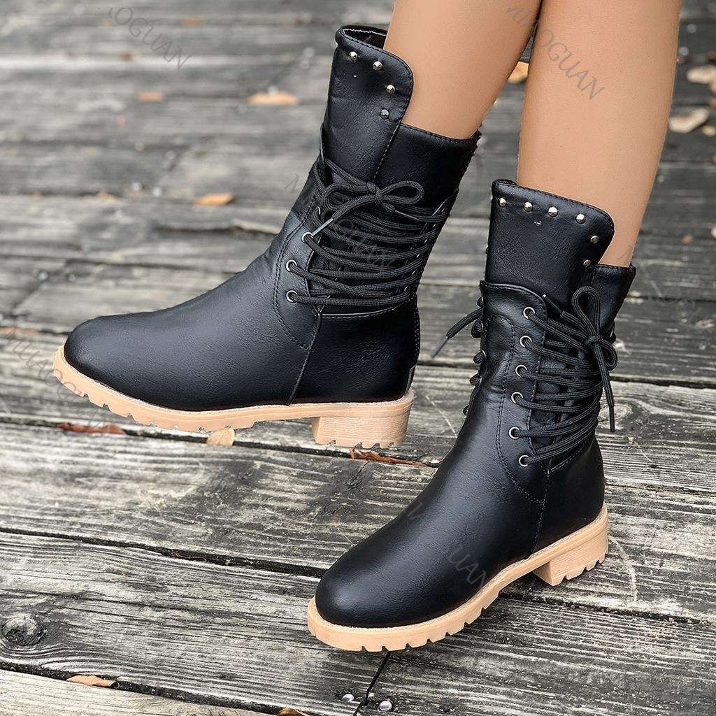 Fashion Short Boots Women Autumn and Winter New Retro Rivets Knight Boots Female Lace Up Thick Low Heel Round Head Solid Bota Feminina