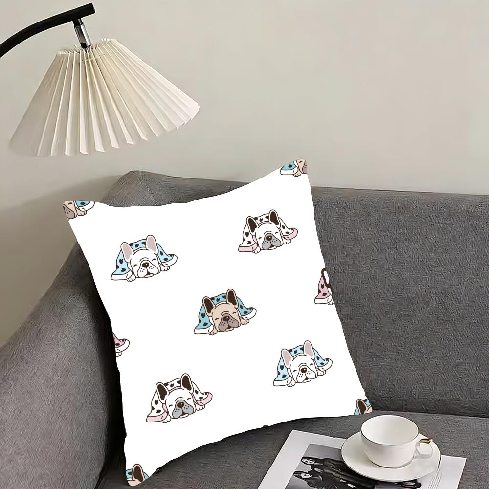 Cartoon French Bulldog Pattern Cushion Cover Reversible Plush Pillow Cover – For car, sofa, bedroom, perfect as a gift.