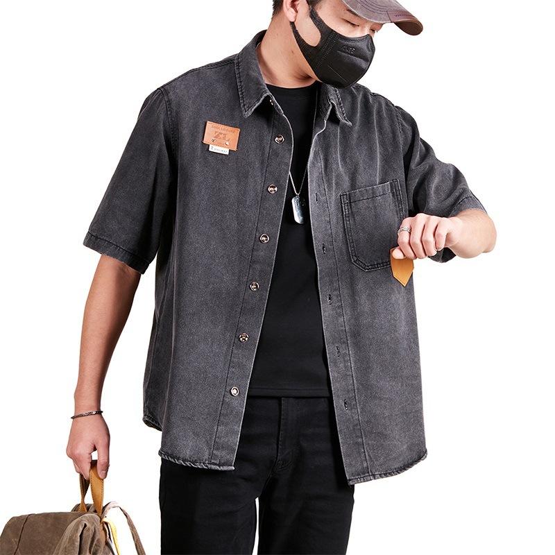 New Spring Style Hong Kong Style Personalized Trendy Denim Short-sleeved Shirt Retro Work Shirt