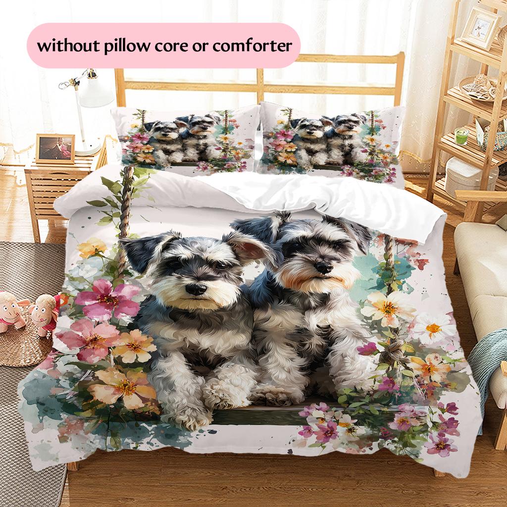 Pink Schnauzer Pattern Bedding Home Decoration Birthday Gift (1 * Duvet Cover + 2 * Pillowcase, Without Core)